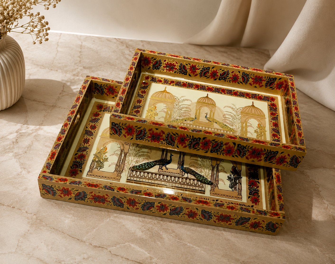 Floral Peacock Tray Set